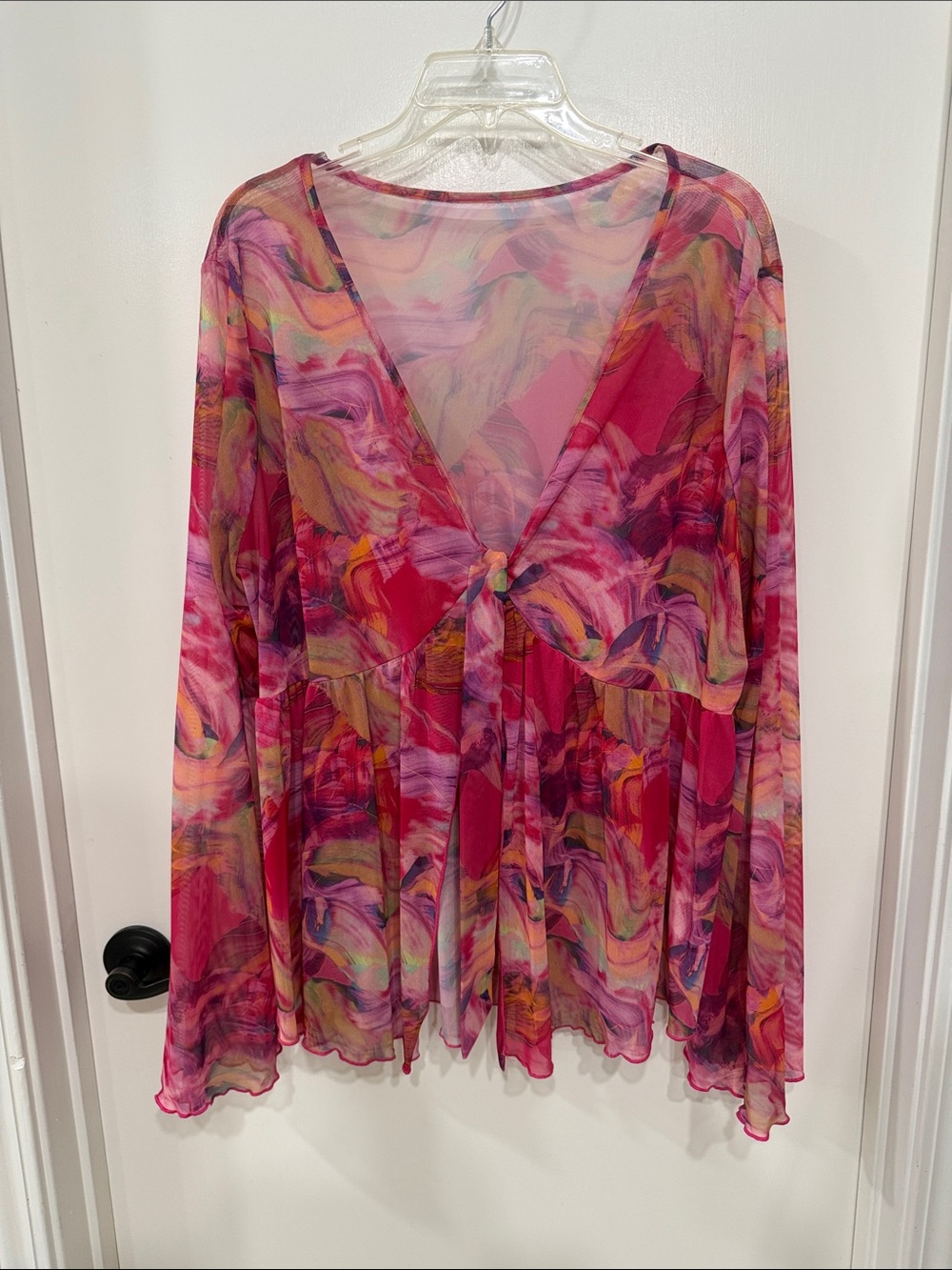 Sheer Pink Multi-Print Tie-Front Women’s Top